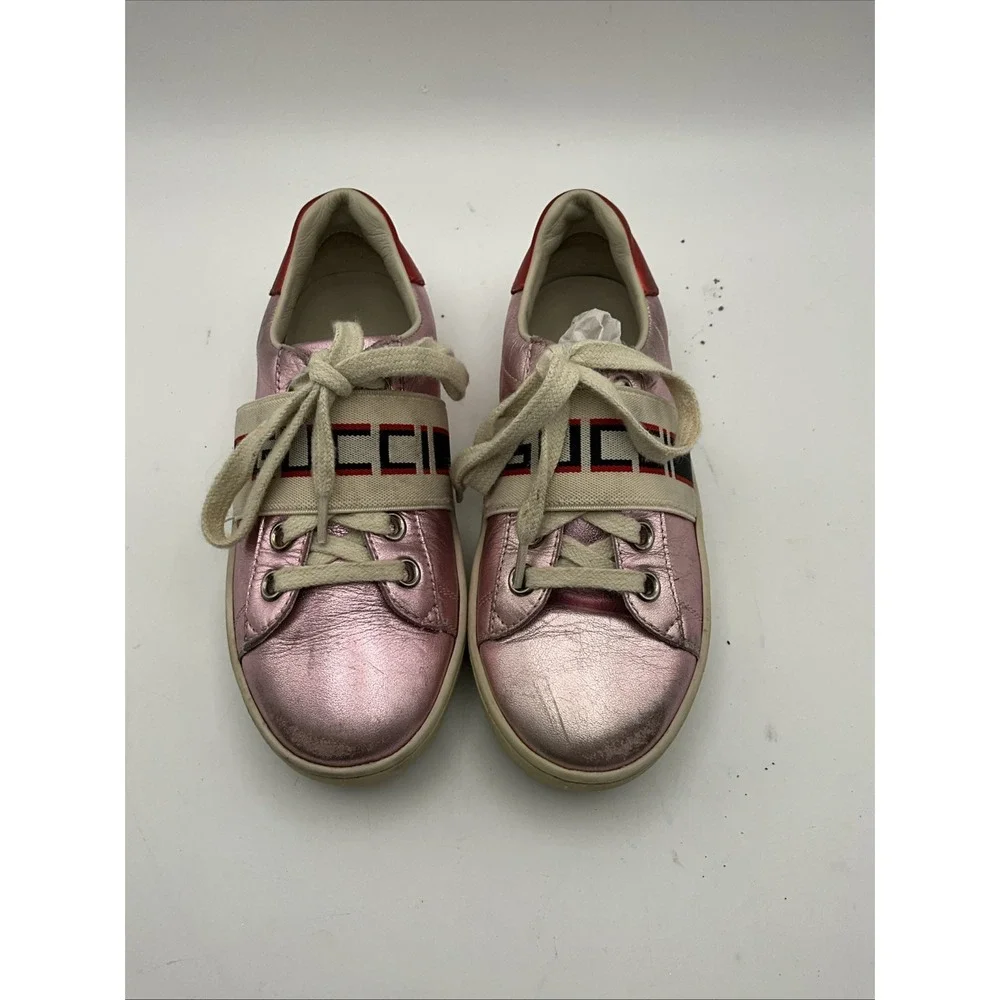 Gucci Ace Kids Pink Metallic Leather Sneakers Web Stripe EU 28 Italy
